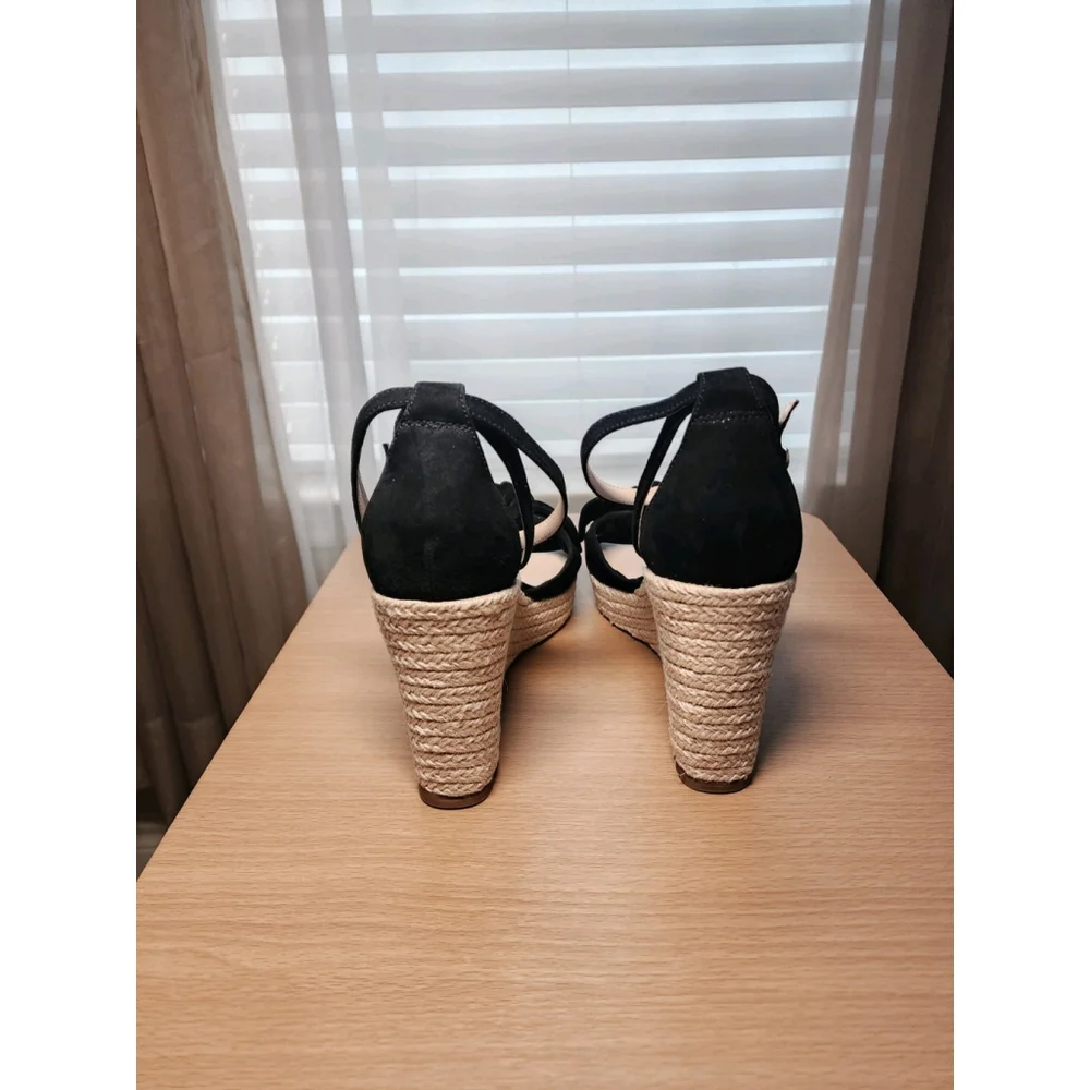 Kate Spade Tianna Suede LEATHER Bow Strap Espadrille Wedge Sandal 10 B BLACK